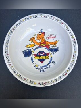 Vintage 1987 Kraft Treasures Cheesasaurus Rex Melamine Bowl Drumset Music 7.25"